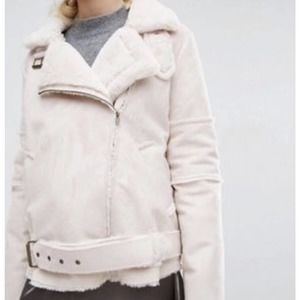 J.O.A Jacket Beige Faux Fur Lining Full Zip Up Fall Winter V Neck Fur Collar SzS